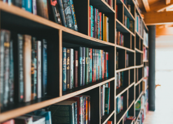 books on brown wooden shelves