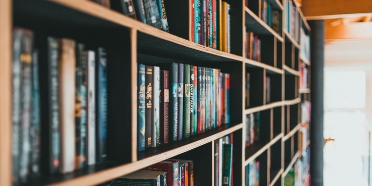 books on brown wooden shelves